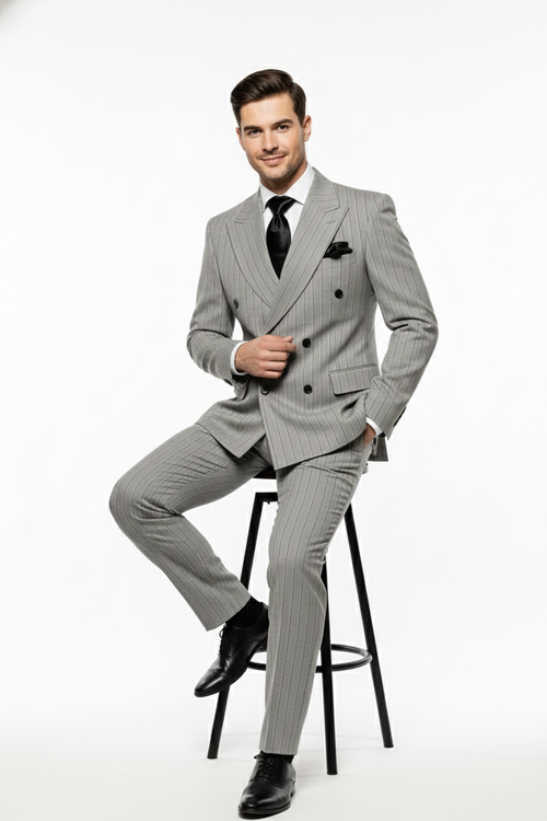 Mens Grey and Black Pinstripe Double-Breasted Suit 1920s Gangster Vintage Looking suit By Rossiman