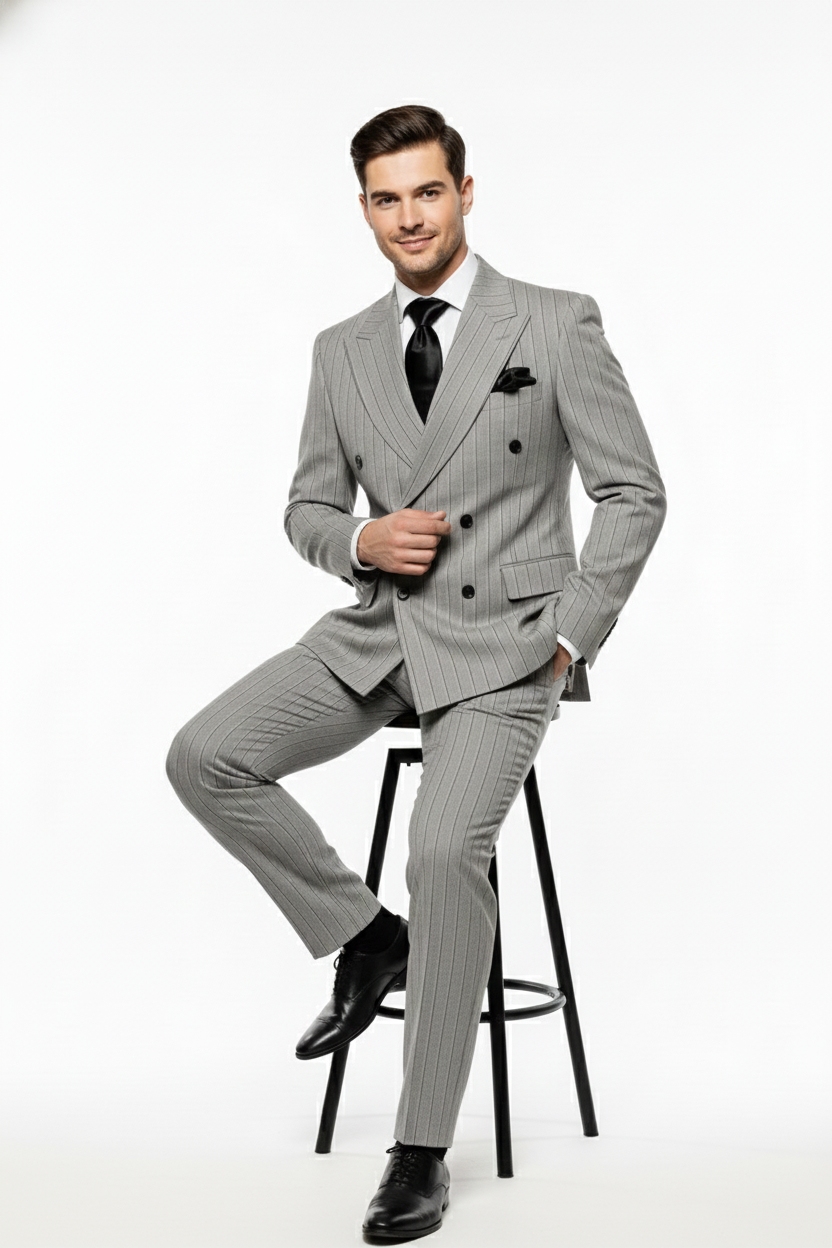 Menâ€™s Grey and Black Pinstripe Double-Breasted Suit â€“ 1920s Gangster Vintage Looking suit By Rossiman - 34 Short or Extra Small