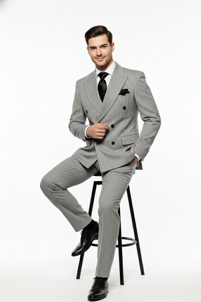 Mens Grey and Black Pinstripe Double-Breasted Suit 1920s Gangster Vintage Looking suit By Rossiman