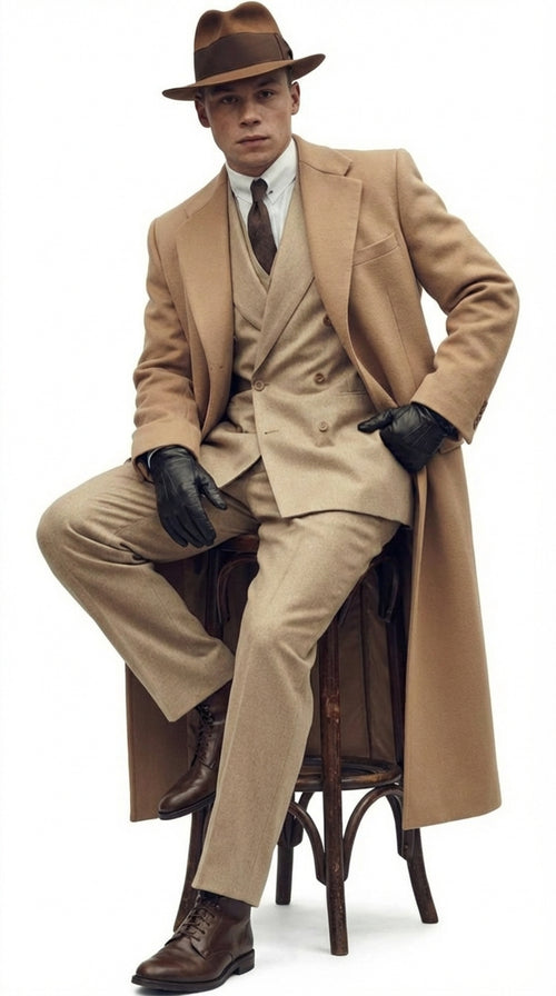 Mens Cashmere & Wool Camel Beige Long Overcoat Peaky Blinders Style Vintage Formal Coat + Suit + Hat Package