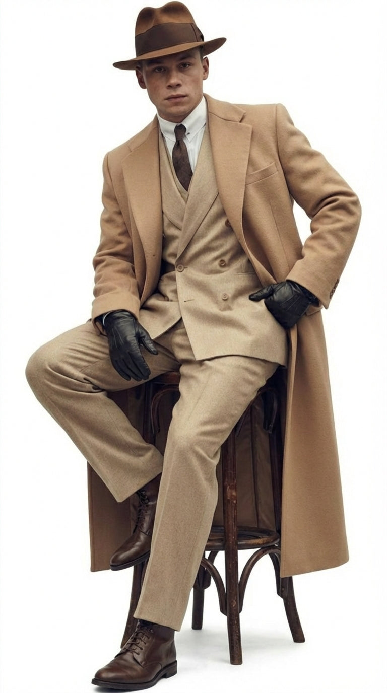 Men’s Cashmere & Wool Camel Beige Long Overcoat – Peaky Blinders Style Vintage Formal Coat + Suit + Hat Package - Coat Size 38