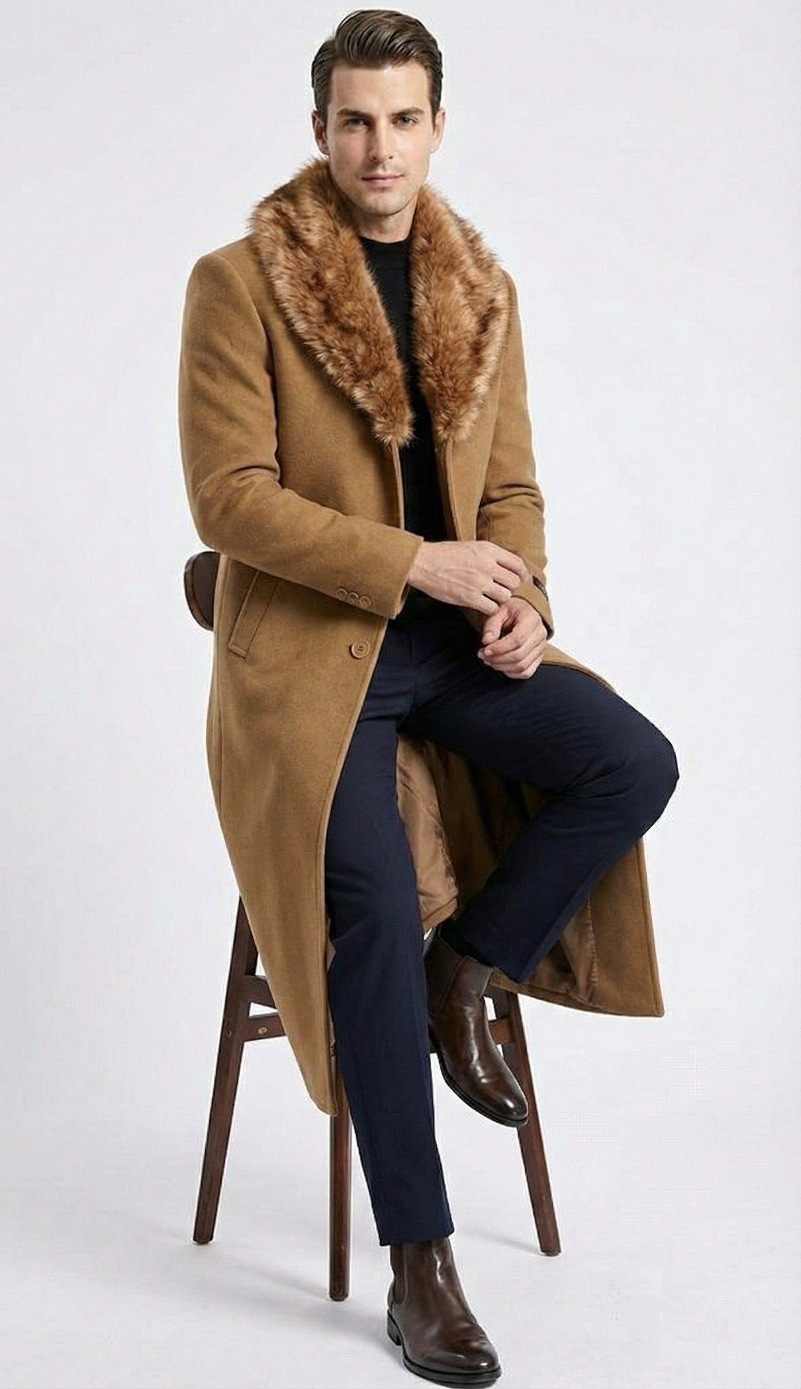 Men's Camel Brown Long Overcoat with Faux Fur Collar, Classic Winter Topcoat for Formal and Business Wear - Coat Size 34