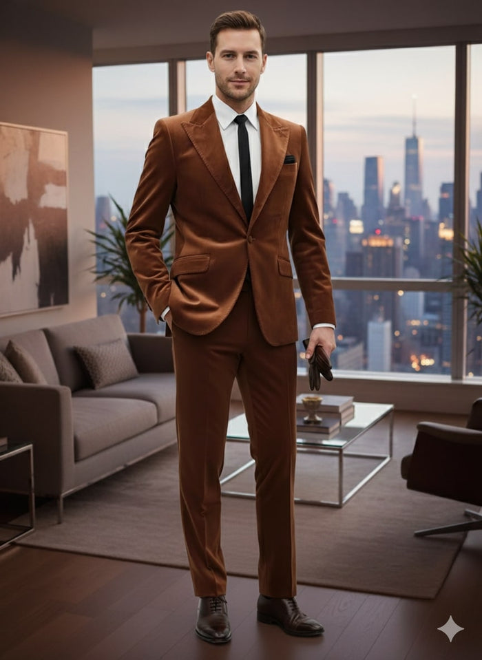 Mens Brown Velvet 2-Piece Suit Luxury Slim Fit Formal Blazer and Pants Set in Rust Copper Color