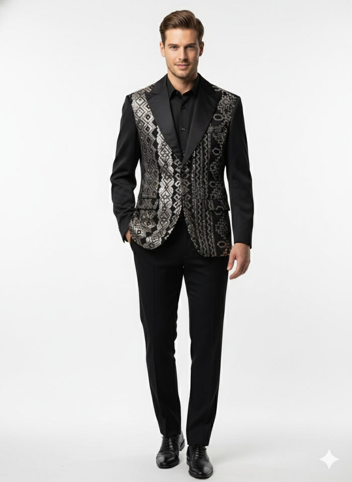 Mens Black and White and Silver Sequin Embroidered Blazer Luxury Designer Party Wear with Geometric Detailing