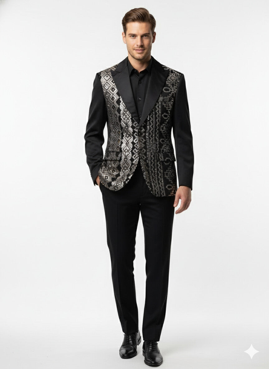 Mens Black and White and Silver Sequin Embroidered Blazer Luxury Designer Party Wear with Geometric Detailing