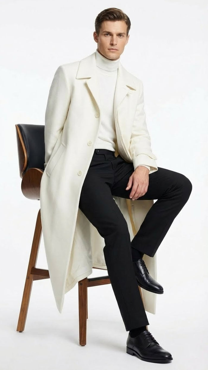 Mens Off-White Long Trench Coat Overcoat with Classic Clean Design Duster Maxi Coat in Ivory Color