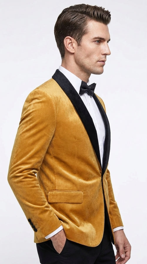 Men’s Velvet Gold Tuxedo Dinner Jacket – Black Shawl Lapel Wedding & Prom Blazer