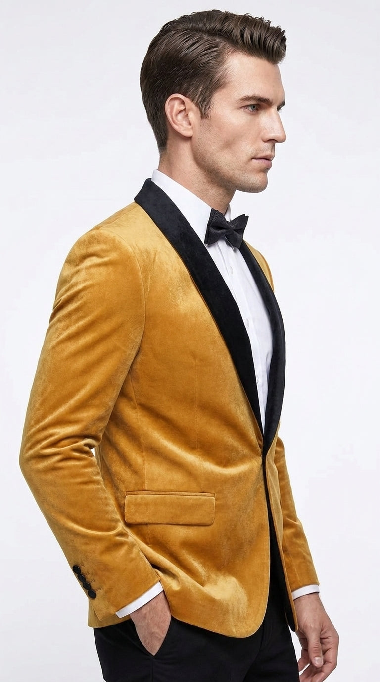 Men’s Velvet Gold Tuxedo Dinner Jacket – Black Shawl Lapel Wedding & Prom Blazer