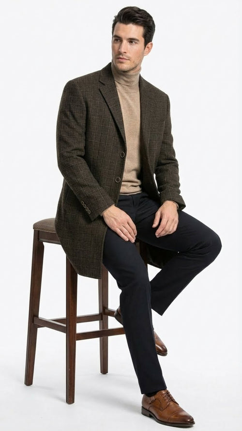 Mens Brown Checkered Wool Overcoat Long Winter Coat with Classic Plaid Pattern By Statement