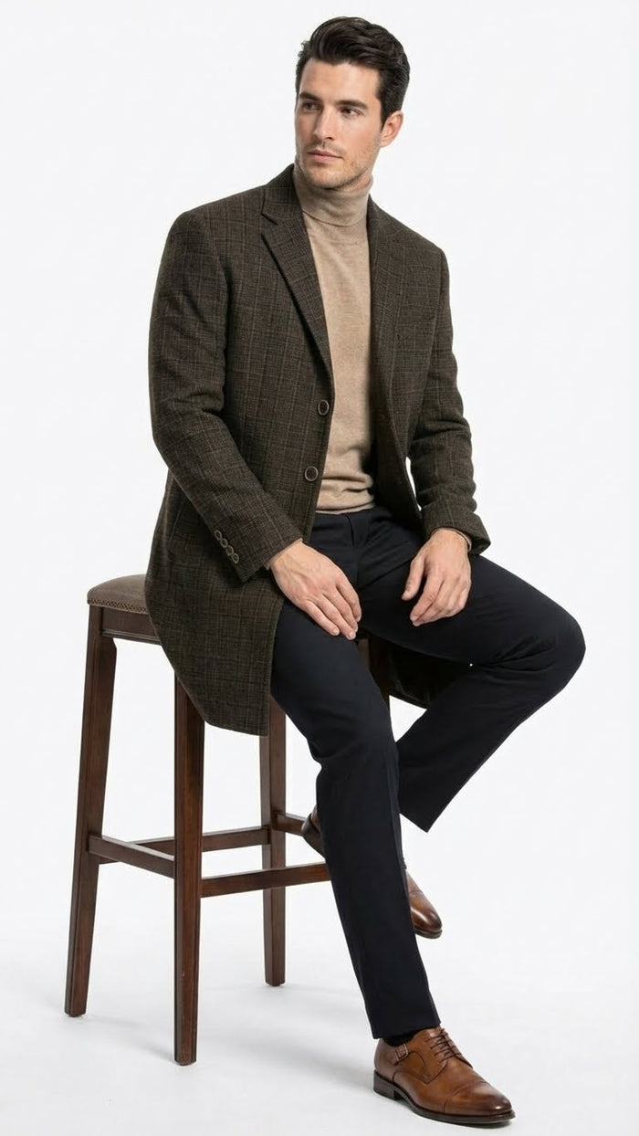 Mens Brown Checkered Wool Overcoat Long Winter Coat with Classic Plaid Pattern By Statement