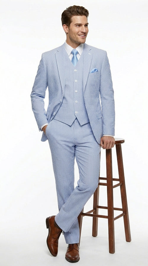 Cheap priced Suit - Mens 2 Button Jacket + Pants Summer Seersucker Blue Suit