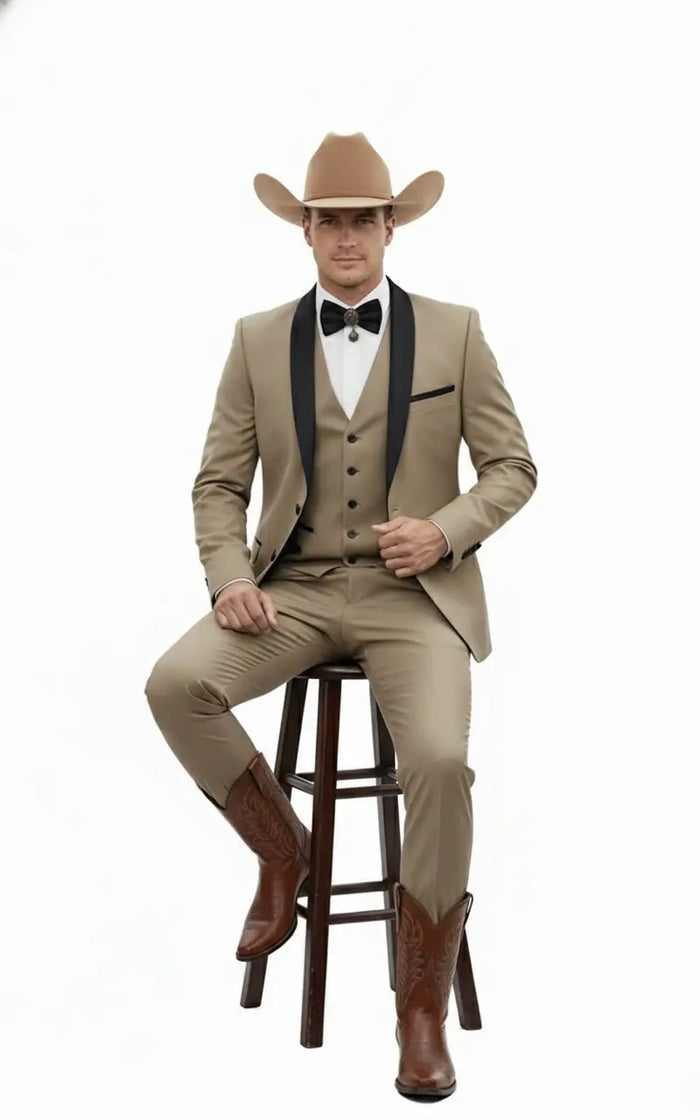 Mens Western Cowboy Suit 3-Piece Tan Tuxedo with Black Lapel, Vest, and Pants Beige  Color