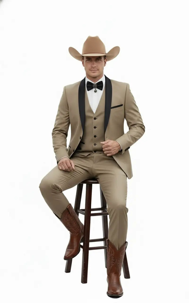 Men’s Western Cowboy Suit – 3-Piece Tan Tuxedo with Black Lapel, Vest, and Pants Beige  Color - 34 Short or Extra Small