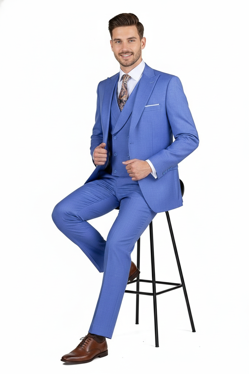 Men’s Light Blue Double-Breasted 3-Piece Suit Set – Tailored Fit Formal Business Suit in Steel Blue Sky Blue Color - 34 Short or Extra Small