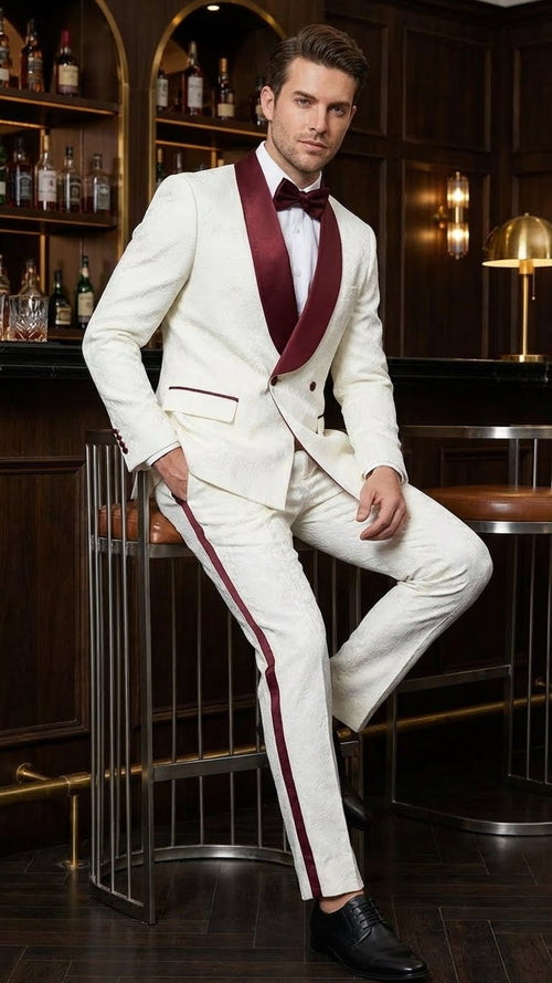 Mens Ivory and Burgundy Jacquard Tuxedo Suit Luxury Slim Fit 3-Piece Formal Wedding, Prom, and Gala Outfit in Cream Off White Color