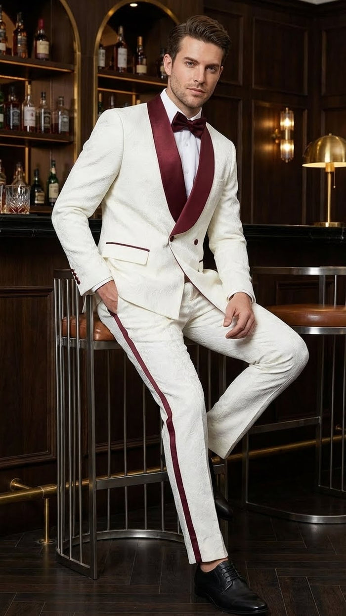 Mens Ivory and Burgundy Jacquard Tuxedo Suit Luxury Slim Fit 3-Piece Formal Wedding, Prom, and Gala Outfit in Cream Off White Color