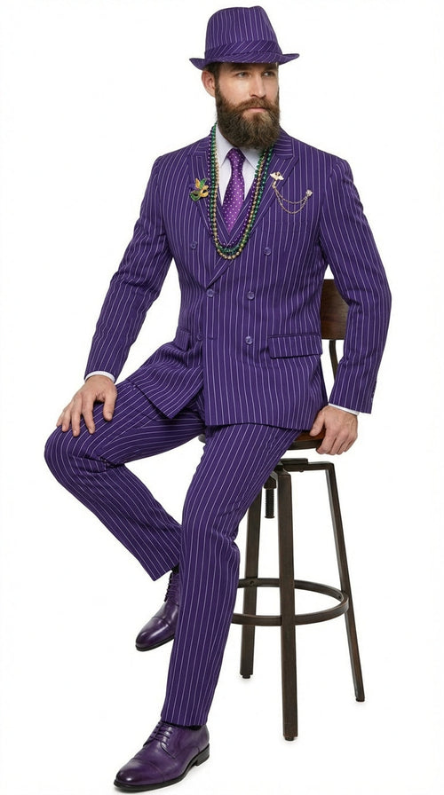Mens Purple Pinstripe Mardi Gras Suit | Classic Double Breasted Formal Carnival Suit