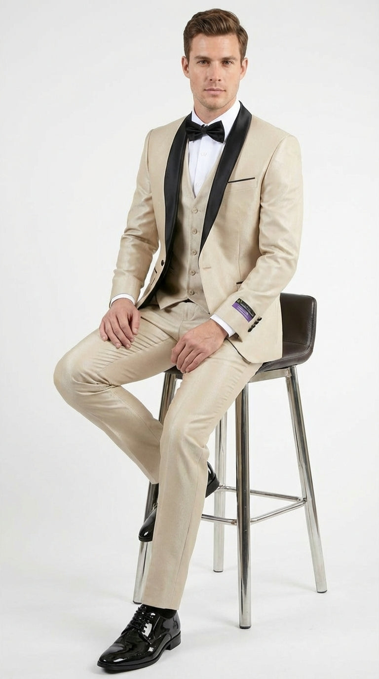 Mens Champagne Beige Shiny Tuxedo 3 Piece Suit with Black Shawl Lapel | Formal Wedding Prom Suit Set in Sand Light Tan Color