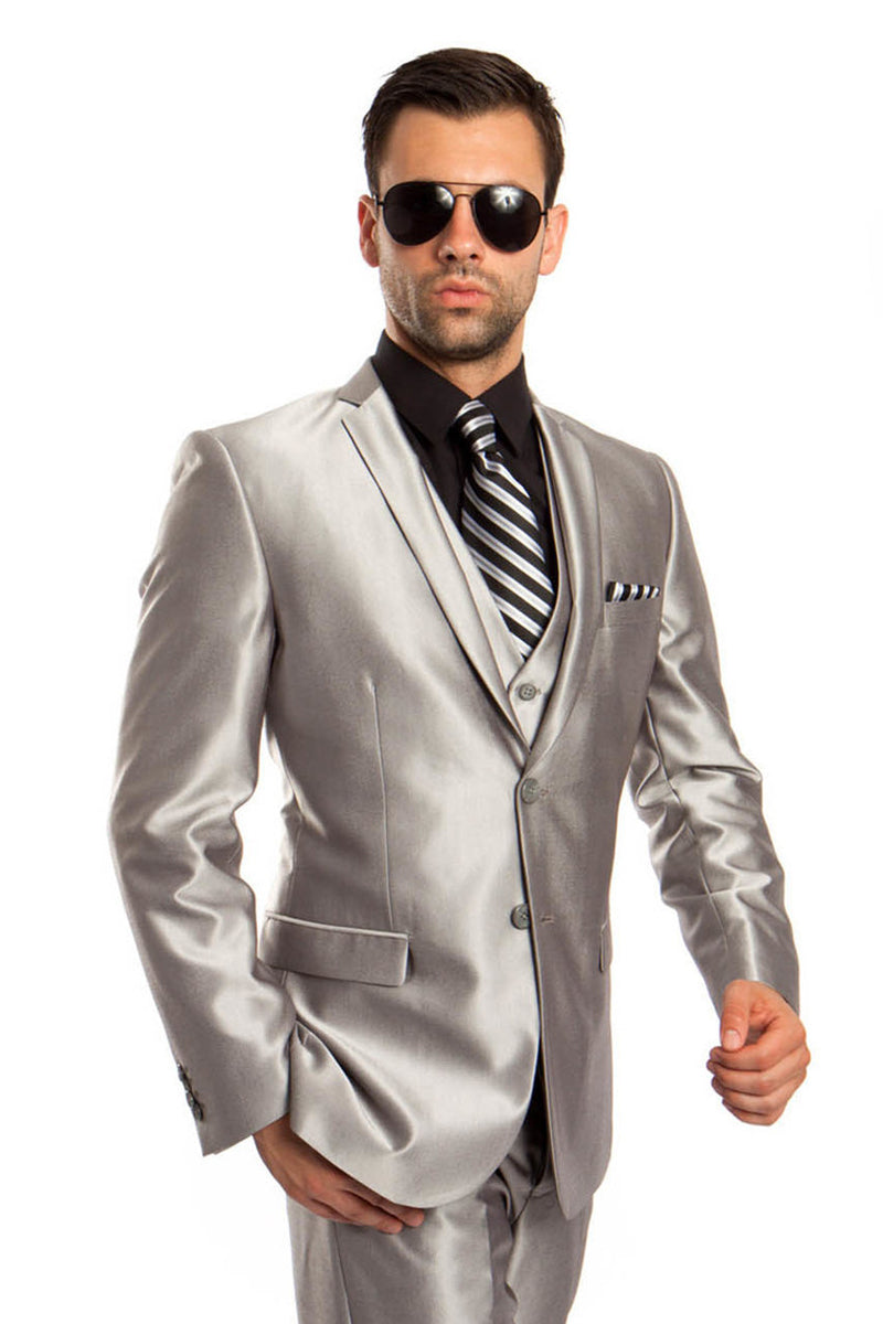 "Sharkskin Silver Grey Men's Two-Button Vested Wedding & Prom Suit"
