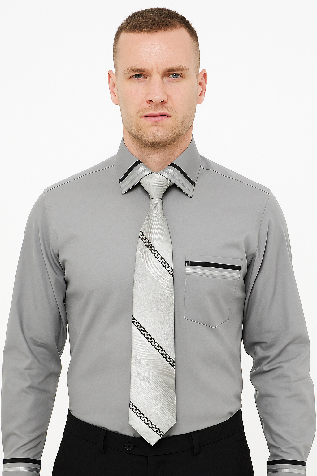 French Cuff With Tie And Handkerchief Style Multi-Color Men's Dress Shirt - Medium 15.5” Neck / 34-35” Sleeve