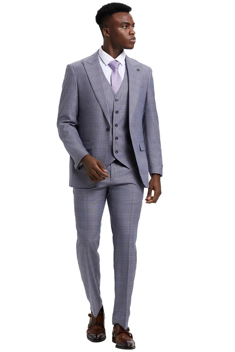 Men's Stacy Adams Vested One Button Wide Peak Lapel Windowpane Plaid Suit in Light Grey - 38 Regular