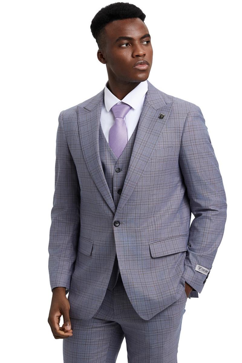 Men's Stacy Adams Vested One Button Wide Peak Lapel Windowpane Plaid Suit in Light Grey - 38 Regular