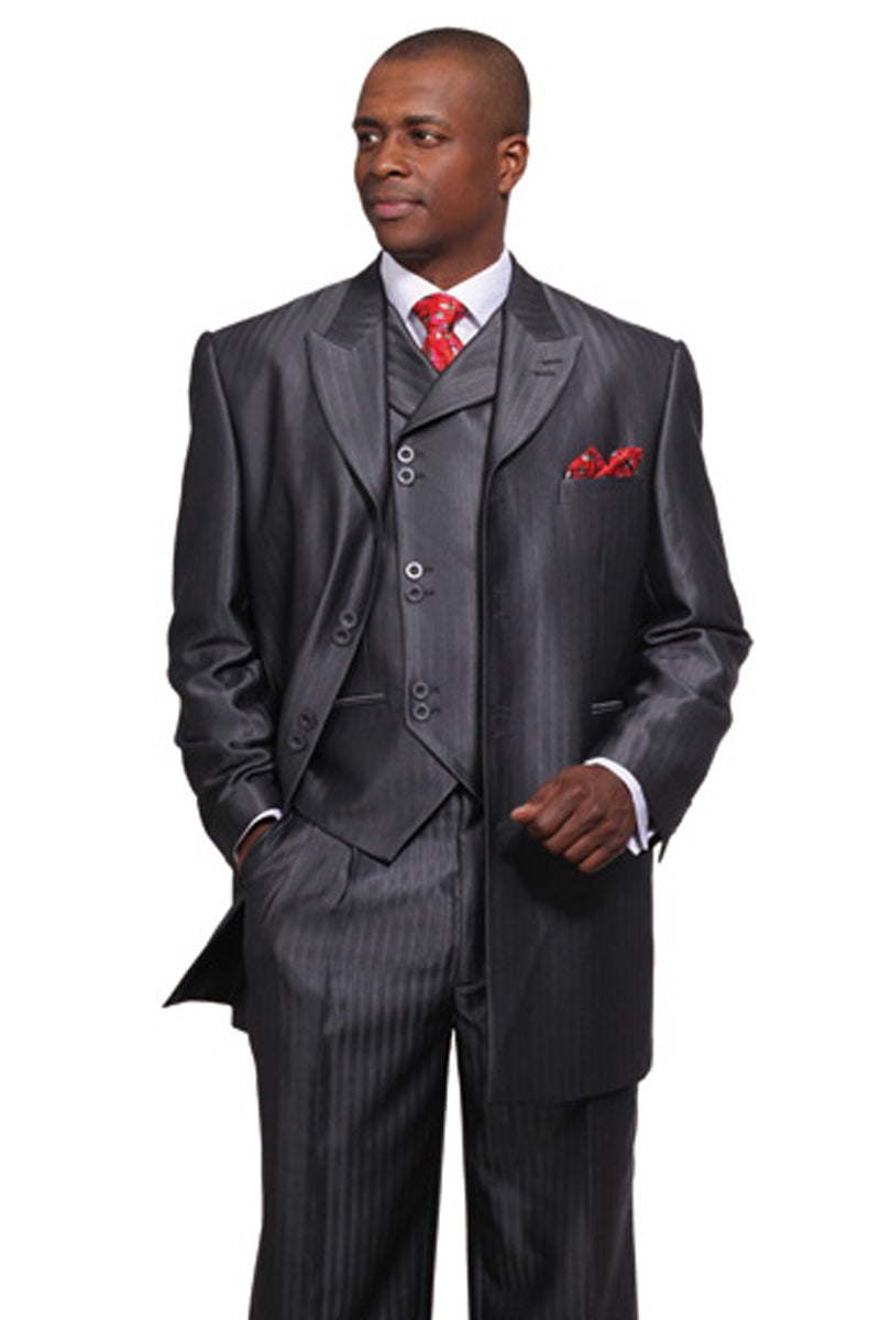 "Black Herringbone Stripe Men's Long Vested Fashion Suit" - 38 Long