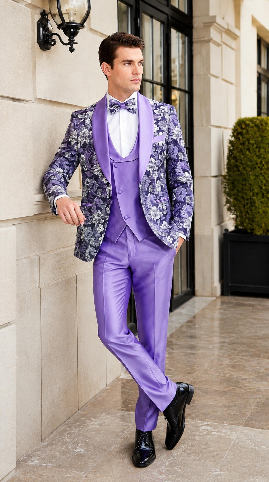 Men’s Lilac Lavender Prom Suit – Floral Shawl Lapel 3 Piece Tuxedo with Matching Vest and Pants - 34 Short or Extra Small