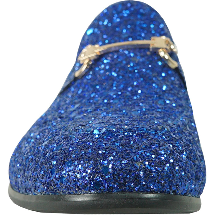 "Royal Blue Glitter Sequin Men's Prom 2026 Tuxedo Loafers with Buckle"