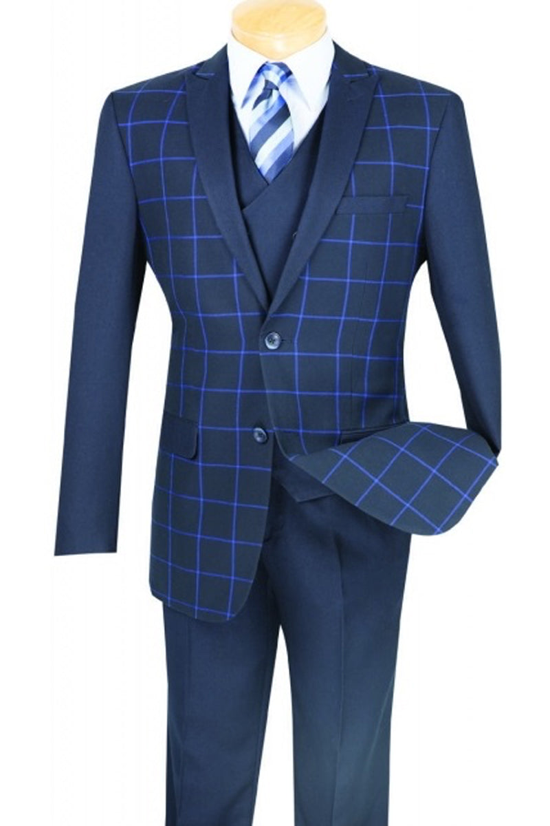 Mens 2 button Windowpane Blazer with Solid Sleeves in Navy - XS