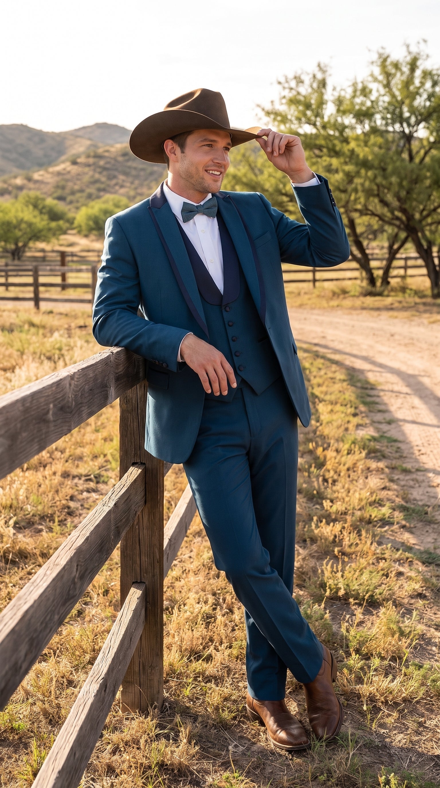 Men’s Teal Blue Western Tuxedo Suit, 3 Piece Cowboy Formal Wedding Prom Suit with Black Shawl Lapel Saphire