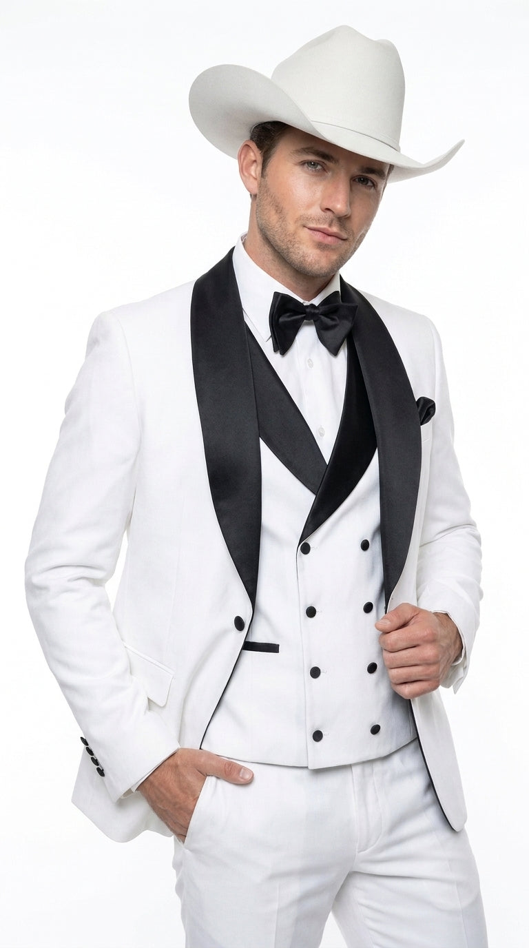 Men’s White and Black Western Wedding Tuxedo – Cowboy Style 3-Piece Traje para Boda with Double-Breasted Vest - 34 Short or Extra Small