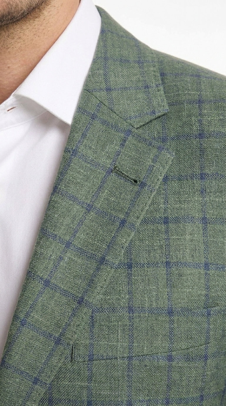 Men’s Sage Green Windowpane 2-Piece Suit – Modern Fit Plaid Wedding, Business and Formal Suit - 36 Short