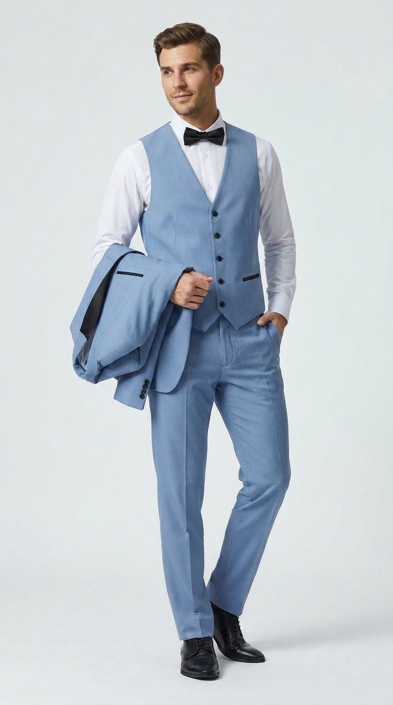 Men’s Powder Blue 3 Piece Tuxedo Suit – Light Blue Shawl Lapel Wedding Prom Suit with Vest - 34 Short or Extra Small