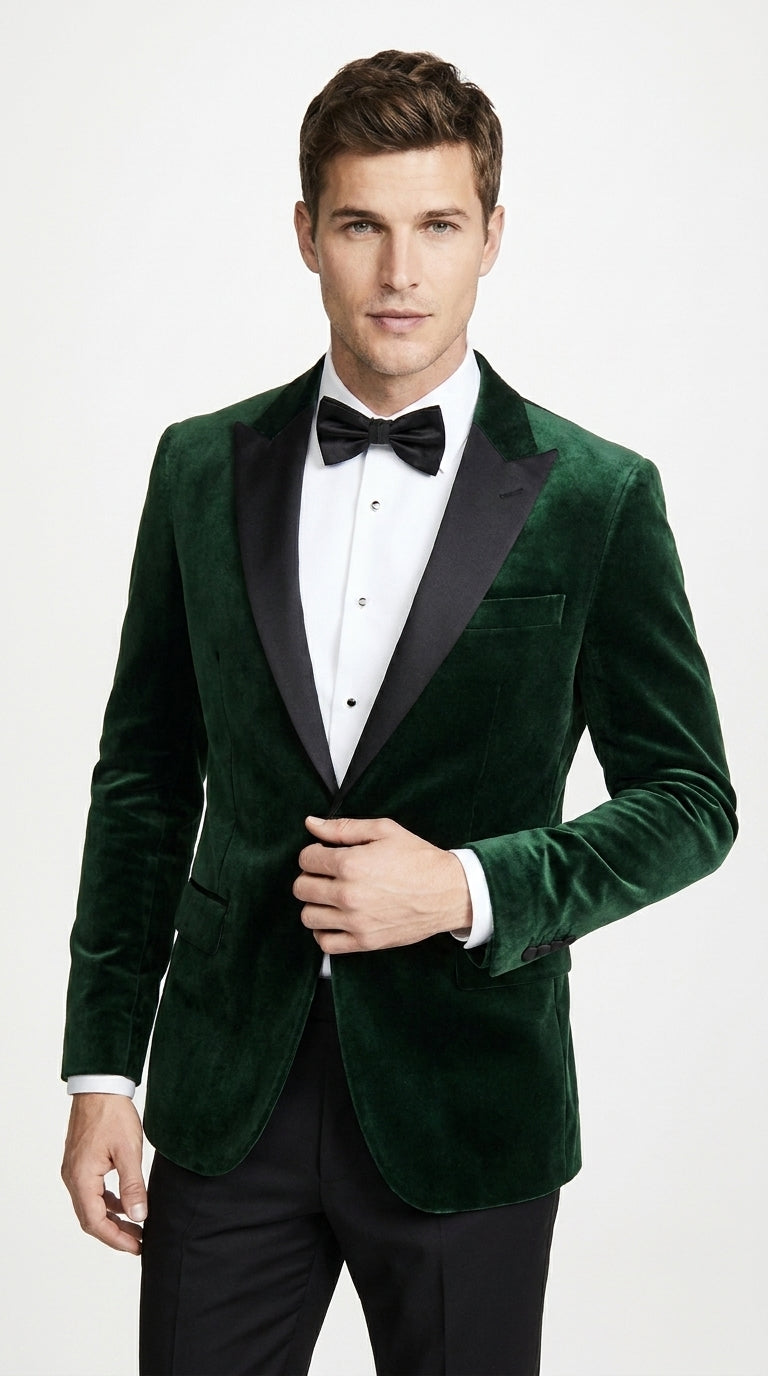 Men’s Olive Green Velvet Tuxedo Dinner Jacket – Black Satin Peak Lapel Formal Prom Wedding Blazer - 34 Short or Extra Small