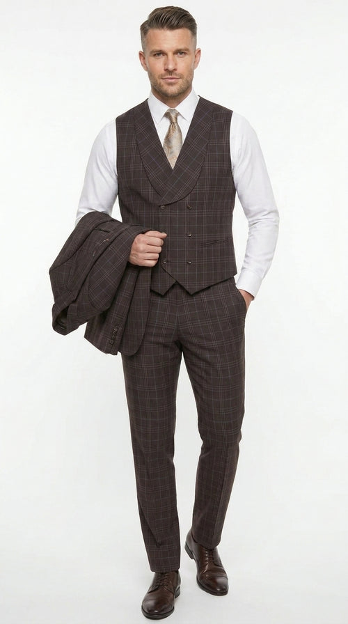 Men’s Vitali 3PC Suit – Choclate Brown and blue Plaid Check 3-Piece Suit with Double-Breasted Vest Modern Fit Side Vented