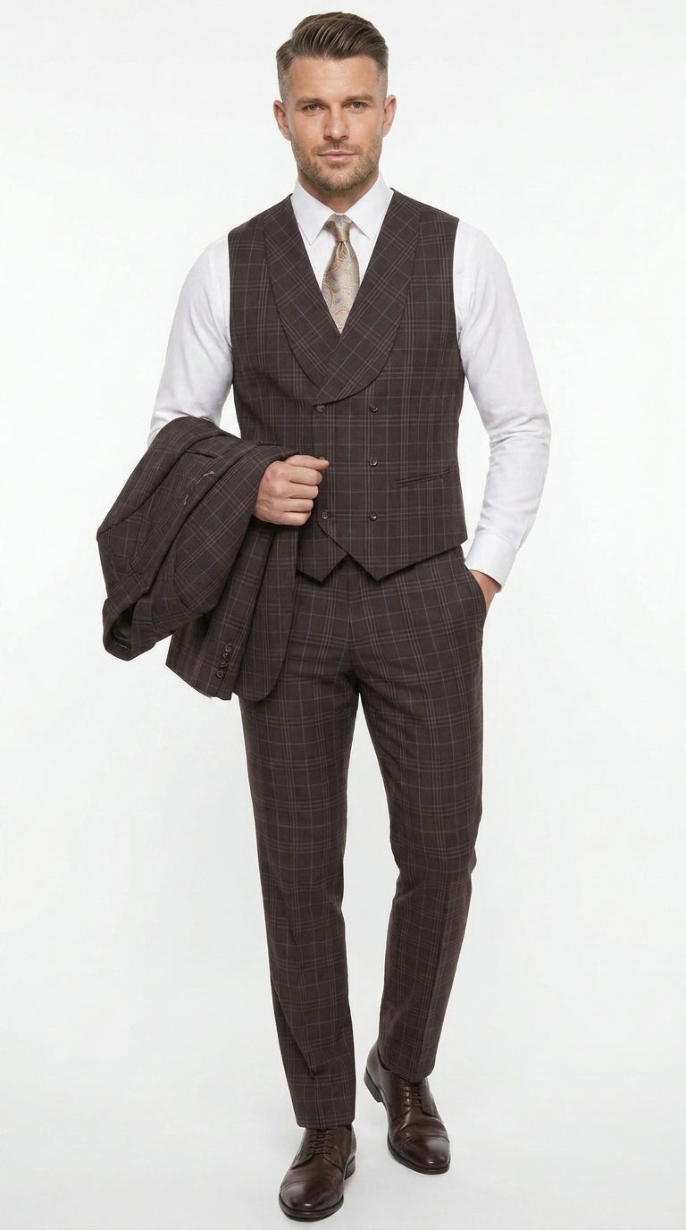 Men’s Vitali 3PC Suit – Choclate Brown and blue Plaid Check 3-Piece Suit with Double-Breasted Vest Modern Fit Side Vented
