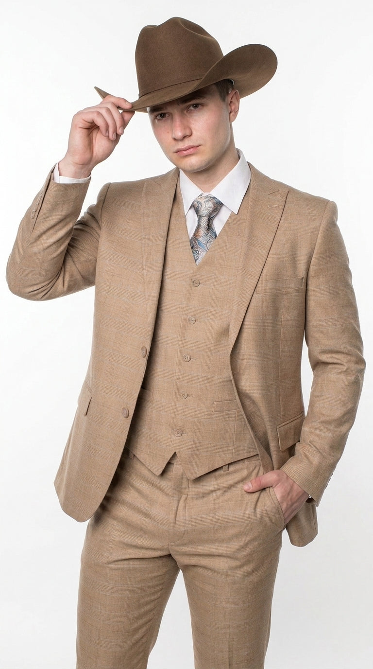 Men’s Khaki Tan Plaid Western Cowboy 3-Piece Suit – Texture Plaid windowpane Blazer, Vest & Pants