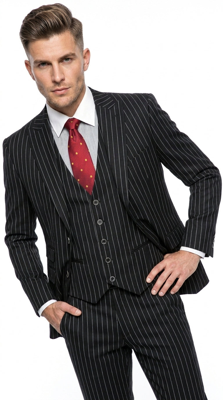 Men’s Black Skeleton Bone Pinstripe 3 Piece Suit – Gangster Style Striped Suit with Vest