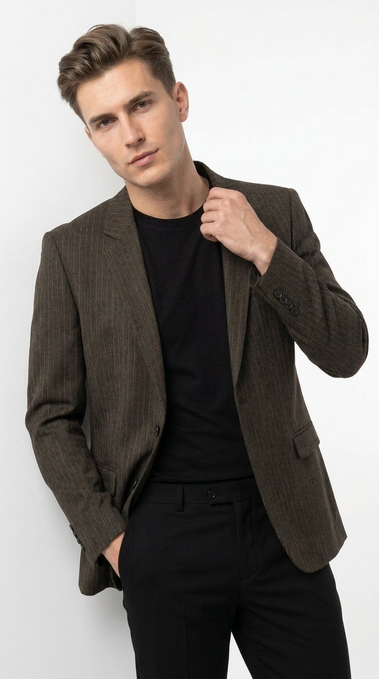 Men’s Vintage Dark Brown Pinstripe Blazer – Classic Retro Sport Coat Outfit