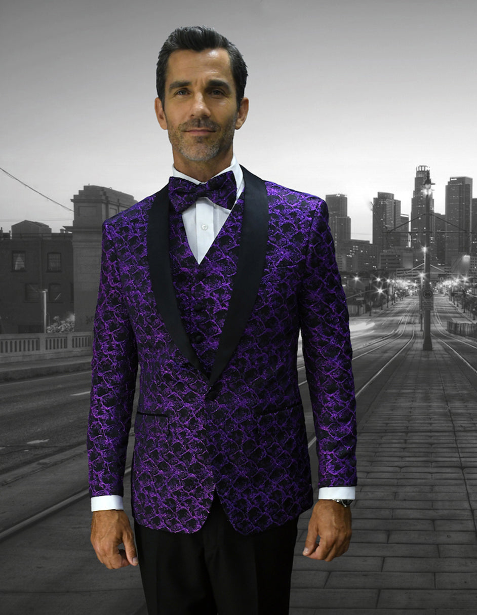 Mens Vested Floar Pattern Shawl Lapel Tuxedo in Purple - 38 Short