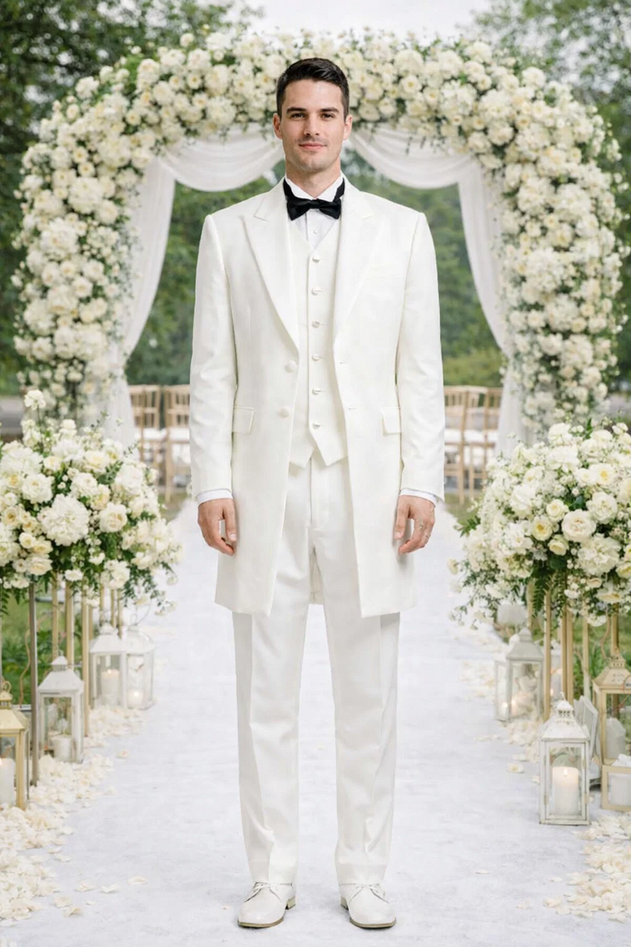 5 Button 3 Piece Vested Long Ivory~Cream~Off White Fashion Zoot Suit 38inch Fashion Tuxedo For Men-New Designer Collection