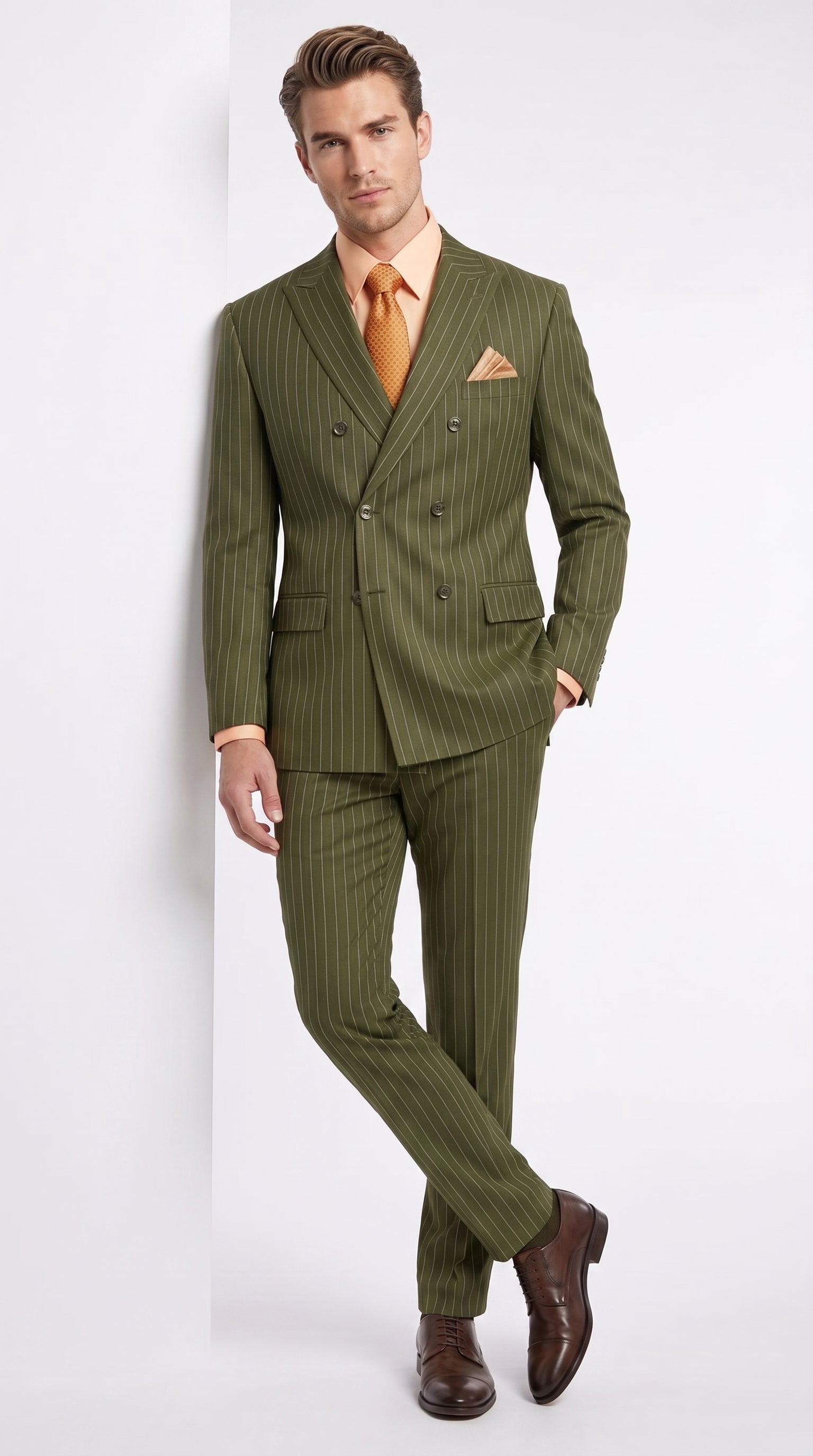 Men’s Olive Green Pinstripe Double-Breasted Suit – Classic Wedding, Business and Formal Suit - 34 Short or Extra Small