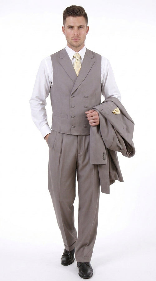 Men’s Light Kahki Sand 3-Piece Suit – Six-Button Jacket with Double-Breasted Vest and Pleated Pants Tan Color