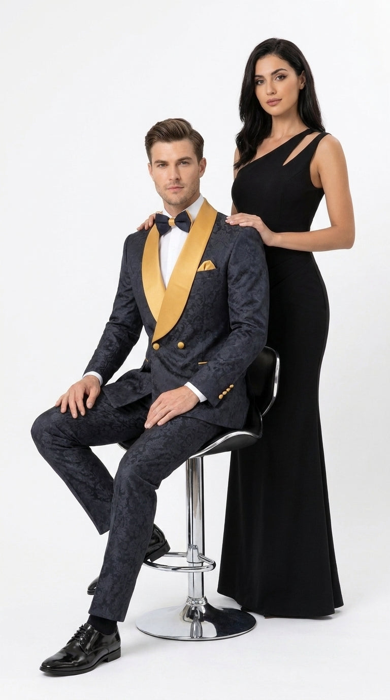 Men’s Black and Gold Hollywood Tuxedo – Double-Breasted Shawl Lapel Prom, Wedding and Formal Suit - 34 Short or Extra Small
