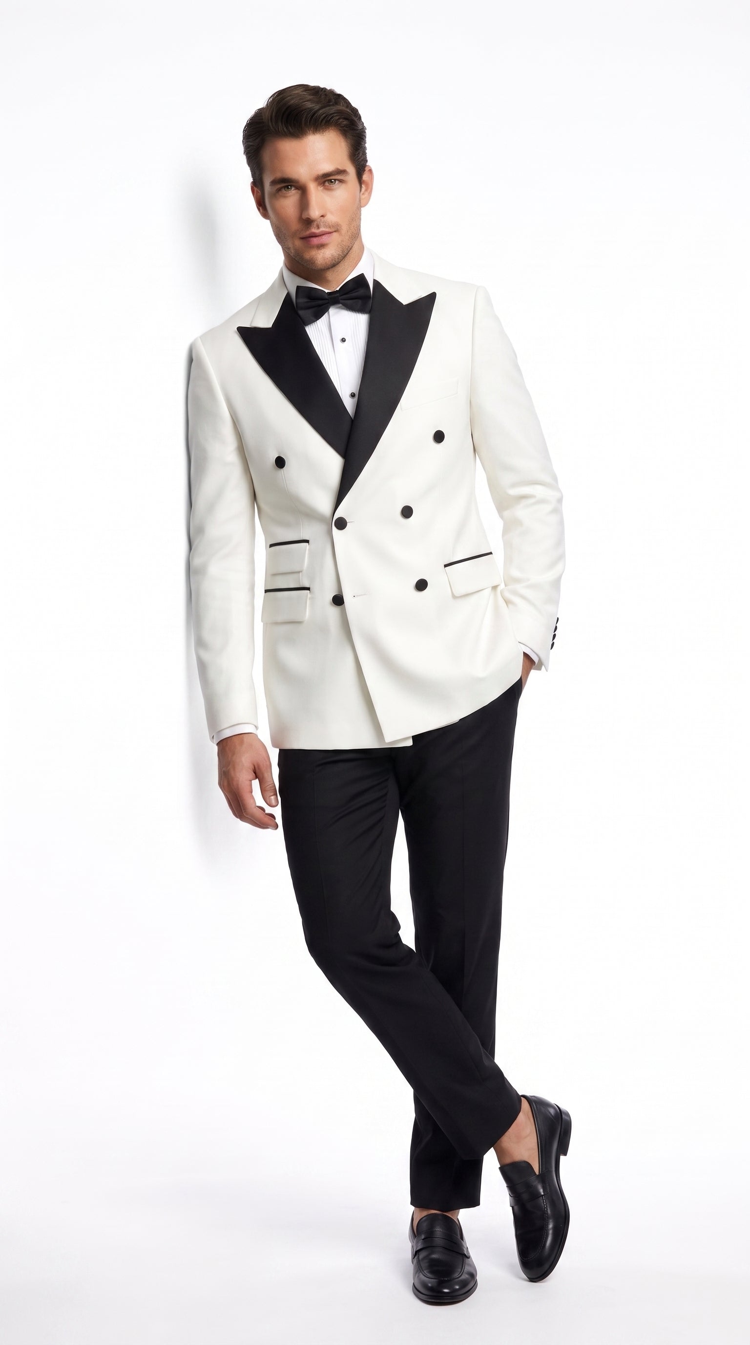 Men’s Vintage Hollywood Ivory Double-Breasted Tuxedo – Black Peak Lapel Wedding and Formal Suit - 34 Short or Extra Small