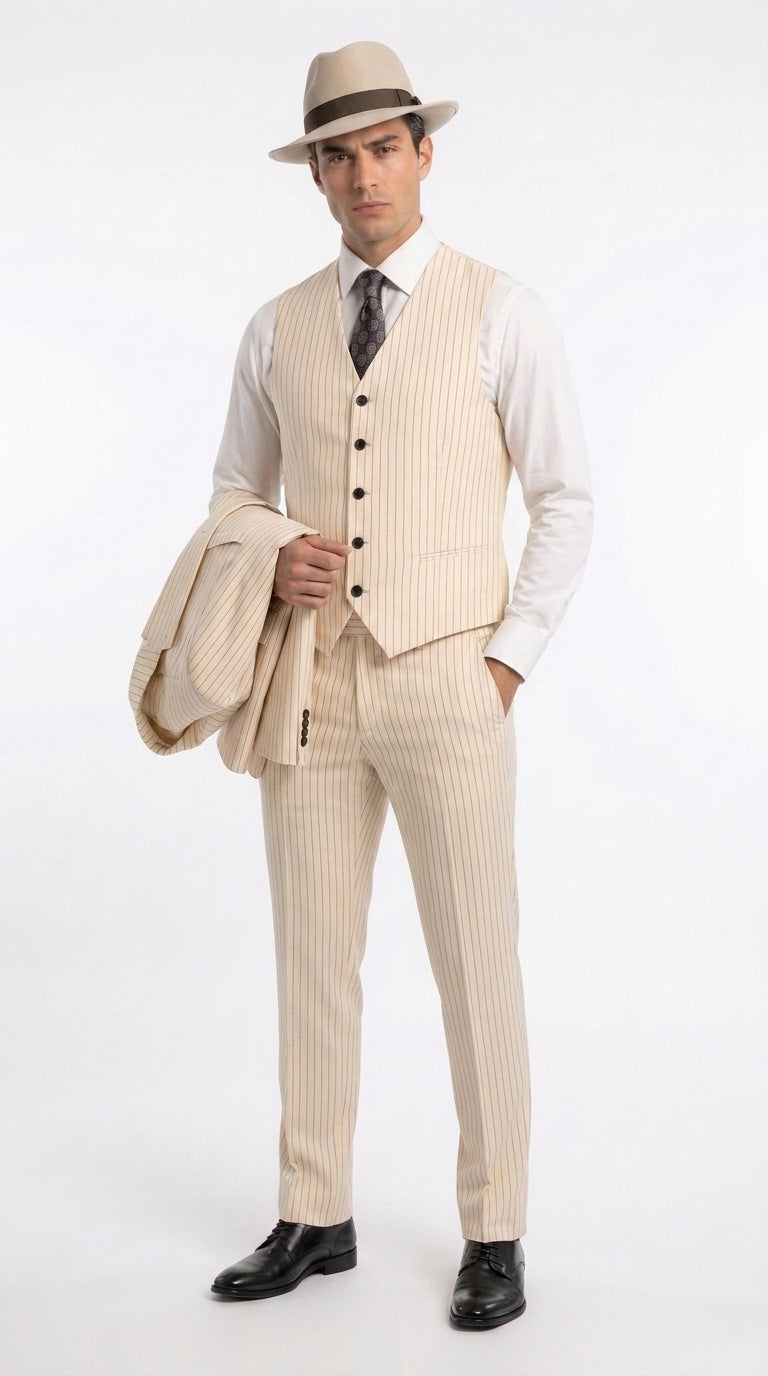 Men’s Ivory Cream Pinstripe Scarface Suit – Vintage Gangster Modern Fit 3-Piece Wedding Suit - 34 Short or Extra Small