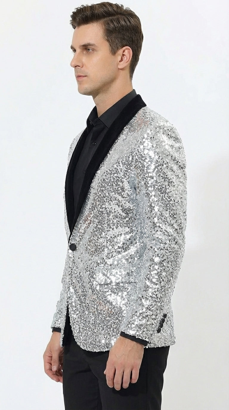 Men’s Silver Sequin Blazer Disco Style Jacket – Black Lapel Party Blazer, Shiny Evening Wear, 70s Dance Outfit, Formal Event Jacket - 34 Short