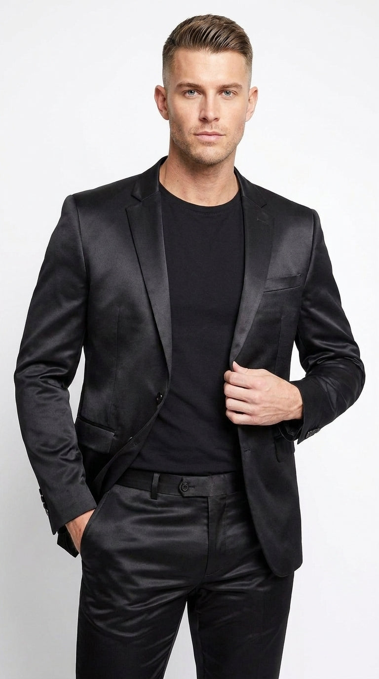 Men’s Black Shiny Sharkskin 2 Piece Suit, Formal Wedding Prom Party Dress Suit