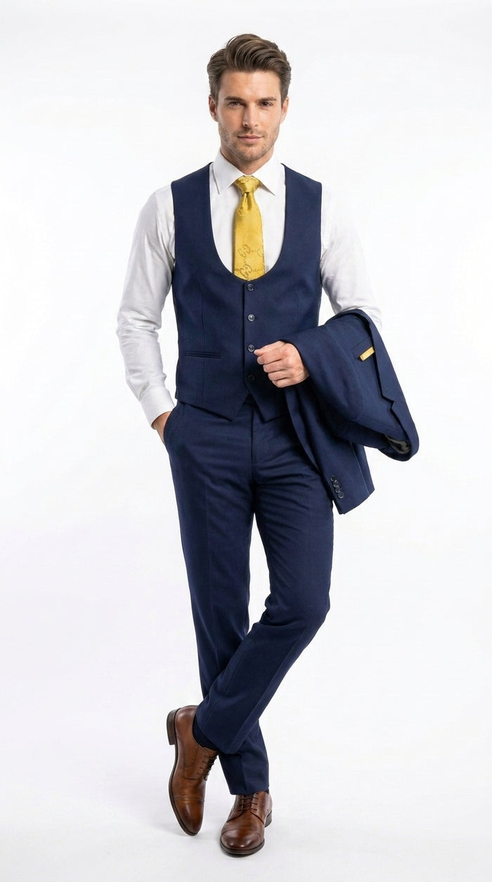 Mens Vitali 3 Piece Suit W/Scoop Vest Navy Blue 3-Piece Suit – Big Peak Lapel  Vest and Pants  Modern Fit Two Buttons
